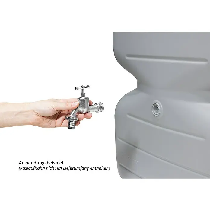 Garantia Basic Line Regentonne Cubus - 700 l, Betongrau - Abbildung eines Regenspeichers mit Wasserhahnanschluss, der nicht im Lieferumfang enthalten ist.