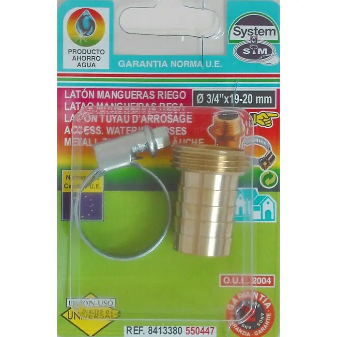 Adaptador para manguera Macho - ¾″-mangueras Ø 19/20 mm - Conector de manguera de latón con abrazadera en empaque, adecuado para mangueras de riego con un diámetro de 3/4"x19-20 mm.