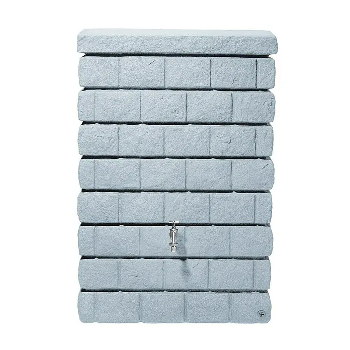 Garantia Exklusive Line Regenspeicher Rocky Junior - 300 l, Light Granit - Grauer, rechteckiger Wasserbehälter mit Wasserhahn im Mauerdesign zur Regenwassernutzung im Garten.