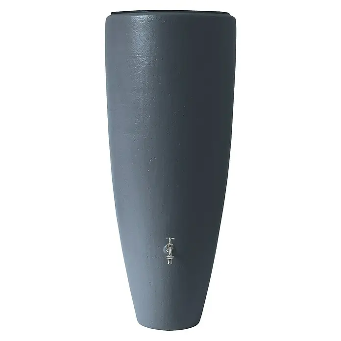 Garantia Classic Line Regenspeicher 2 in 1 - Graphite grey - Graue Regentonne mit einem silbernen Wasserhahn. Sie ist stilvoll und perfekt, um Regenwasser aufzufangen und Ihren Garten zu bewässern.