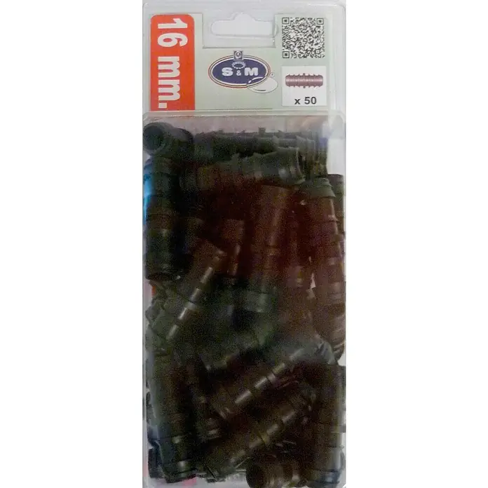 Conector para tubo de goteo - 16 mm, 50 ud. - Paquete de 50 conectores de tubo de riego negros de 16 mm de S&M para sistemas de riego de jardín, ideal para conectar mangueras.