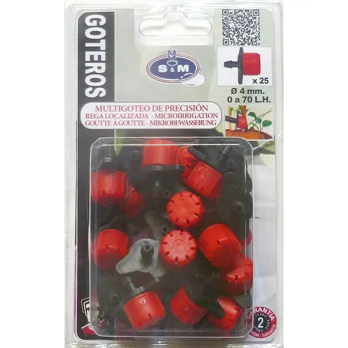 Gotero lineal regulable - 70 l/h, 25 ud. - Imagen de un paquete de 25 goteros de microirrigación de precisión, ideales para un riego dirigido y eficiente de las plantas.