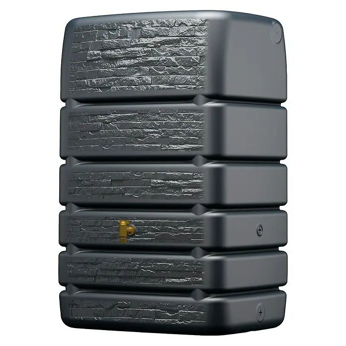 4rain Regentonne Mauertank Slim Stone - 510 l, Graphite grey - Produktansicht einer grauen, gestapelten Regentonne mit Steinmuster und Wasserhahn für die Gartenbewässerung.