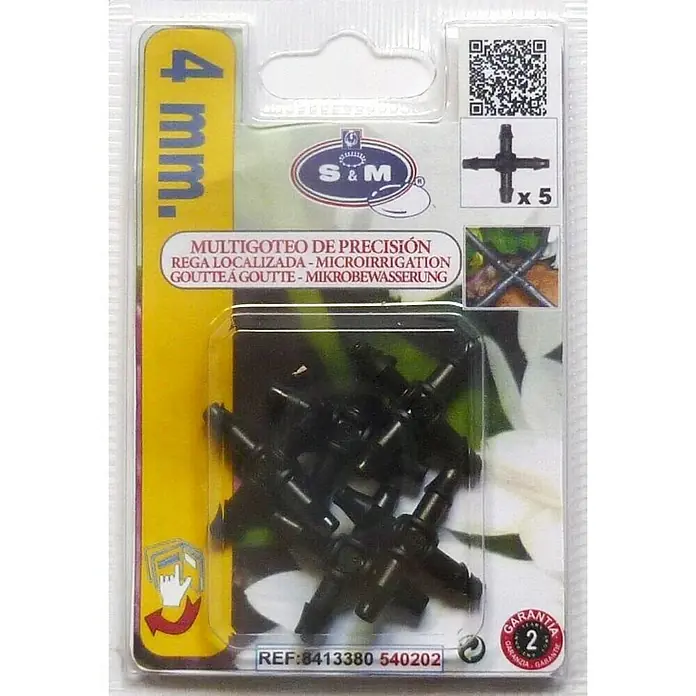 Cruceta microgoteo - 5 pzs., 4 mm - Detalle del embalaje de conectores multi-vía de precisión S&M para riego localizado, 4 mm, paquete de 5.