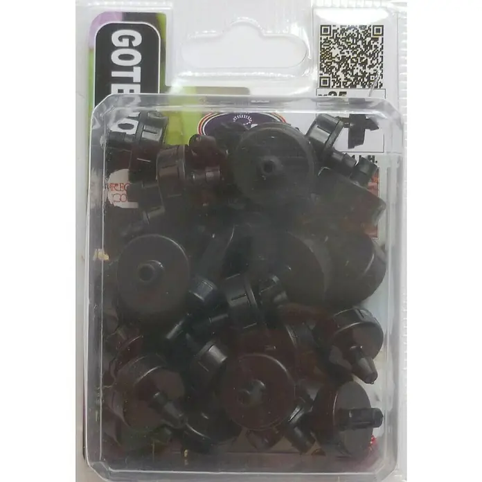 Gotero lineal autocompensado - 4 l/h, 25 ud. - Un recipiente de plástico lleno de goteros de riego negros, ideal para el riego del jardín. Los goteros son compactos y fáciles de instalar.