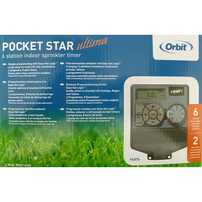 Programador de riego Digital - Específico para: 6 zonas de riego - Orbit Pocket Star Ultima: Programador de riego interior de 6 estaciones con Easy-Set Logic, LCD grande, 2 programas y conexión de relé de arranque de bomba.
