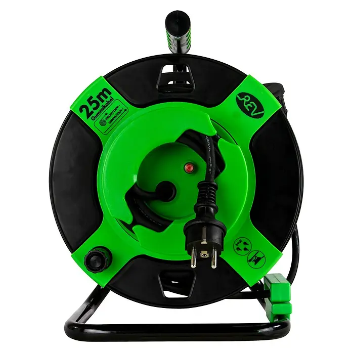REV Kabeltrommel H05RR - Kunststoff, 25 m, H05RR-F, IP44 - Eine REV Gummikabel-Kabeltrommel mit 25m Kabellänge in Schwarz und Grün. Ideal für den flexiblen Einsatz im Innen- und Außenbereich.
