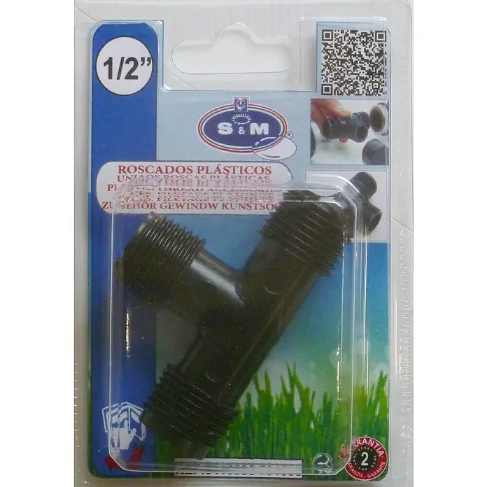 Pieza T Roscada - ½″, Macho - Imagen de un embalaje con un accesorio en T de plástico roscado de 1/2", adecuado para aplicaciones de plomería.