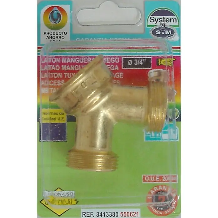 Conector en Y para riego - Latón - Primer plano de un conector de manguera en T de latón, empaquetado y ofrecido a la venta.