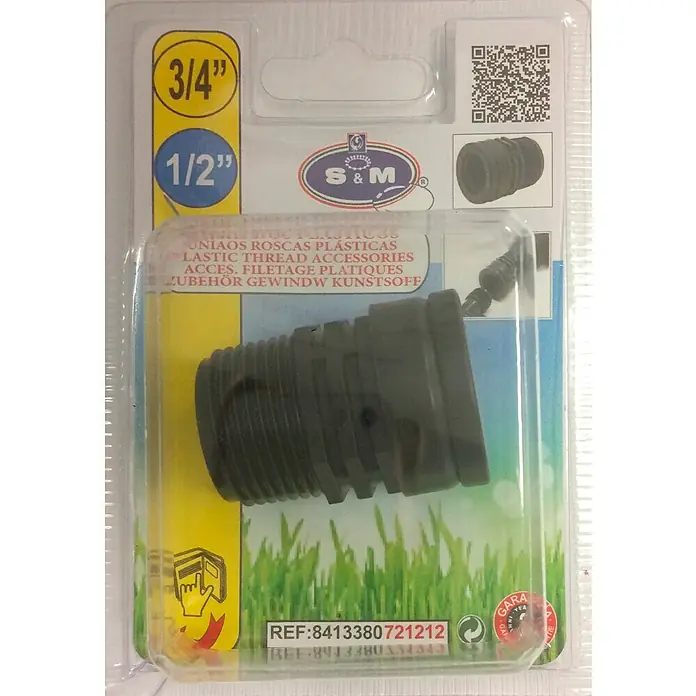 Machón reductor M-H - ¾″, ½″ - Conector de rosca de plástico (3/4" a 1/2") en embalaje, ideal para sistemas de riego de jardín.