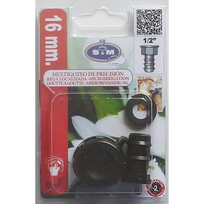 Conector para manguera goteo Hembra - ½″, 16 mm, Plástico - Embalaje de un sistema de riego Multigoteo de Precisión de 16 mm de S&M, con microirrigación.