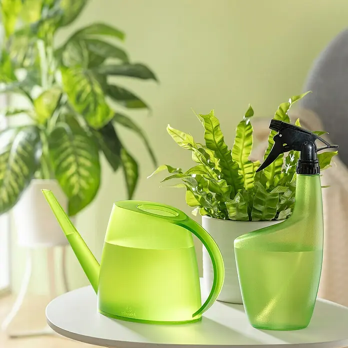Scheurich Smilla Handsprüher - 0,7 l, Clear Lime - Nahaufnahme einer grünen Gießkanne und einer Sprühflasche, die auf einem Tisch neben Zimmerpflanzen stehen.