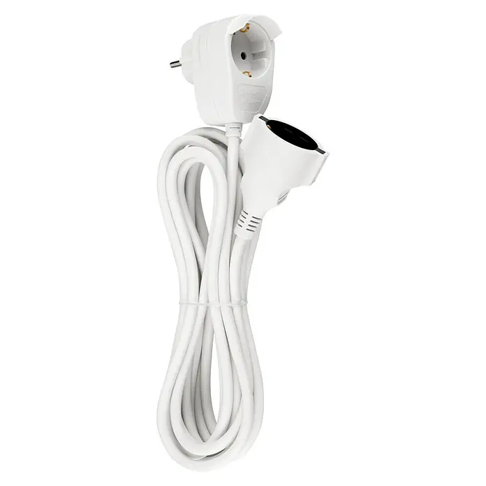 REV Verlängerungskabel Powersplit - 5 m, Weiß, IP20, H05VV-F - Weißes Verlängerungskabel mit Stecker und Kupplung. Das Kabel ist aufgerollt und mit einem Kabelbinder fixiert.