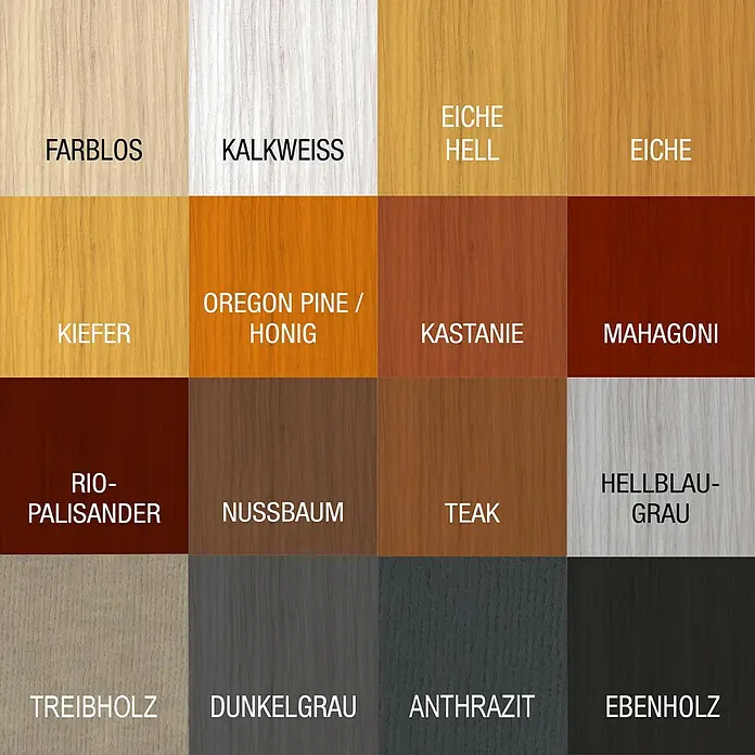 Bondex Holzlasur für Außen - Farblos, 6,5 l, Seidenmatt - Farbpalette mit Holzfarben und Bezeichnungen wie Farblos, Kalkweiss, Eiche Hell, Kiefer, Kastanie, Nussbaum, Treibholz, Dunkelgrau.