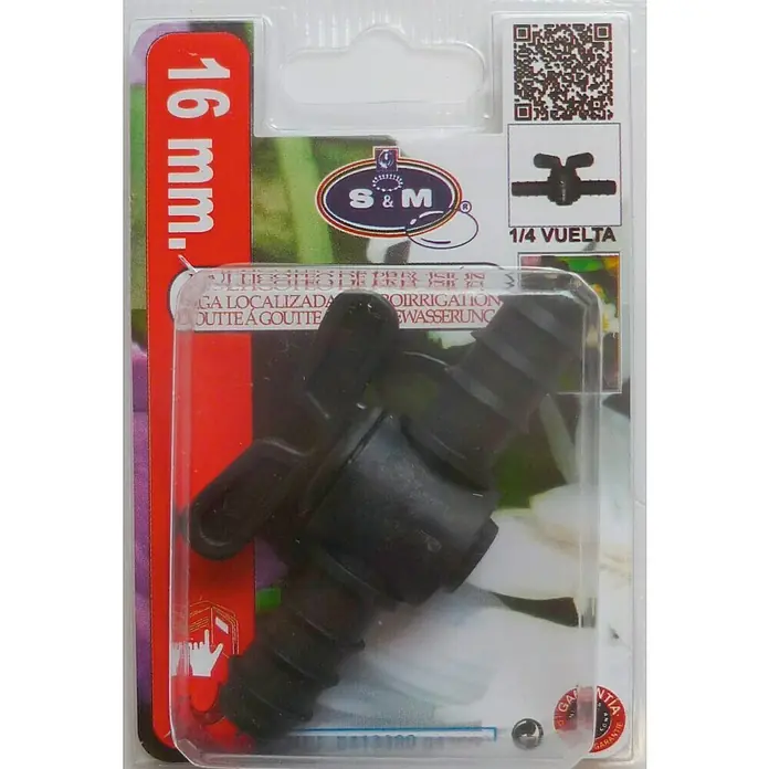 Llave de paso goteo - Diámetro conexión: 16 mm - Primer plano de un accesorio de riego por goteo de cuarto de vuelta S&M de 16 mm en su embalaje original.