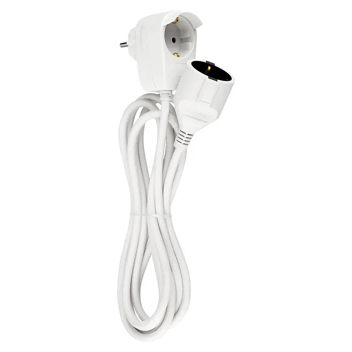 REV Verlängerungskabel Powersplit - 3 m, Weiß, IP20, H05VV-F - Ein weißes Verlängerungskabel mit einem Stecker und einer Kupplung für den einfachen Anschluss elektronischer Geräte.