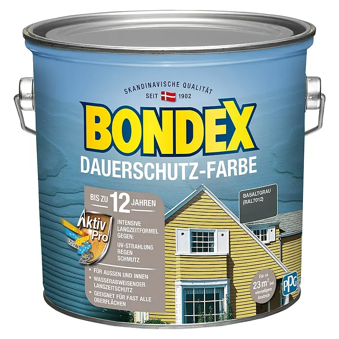 Bondex Dauerschutzfarbe - Basaltgrau, 2,5 l - Abbildung eines Bondex Dauerschutz-Farbe Eimers in Basaltgrau. Holzfarbe für den Außen- und Innenbereich mit Langzeitschutz.