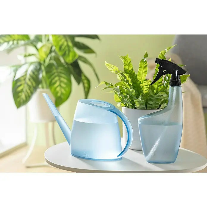 Scheurich Gießkanne Lilly - Clear Topaz, 1,5 l - Eine blaue Gießkanne und eine Sprühflasche stehen auf einem Tisch, umgeben von Zimmerpflanzen.