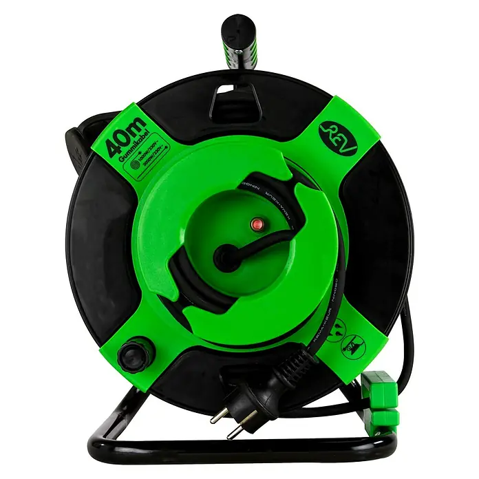 REV Kabeltrommel H05RR - Kunststoff, 40 m, H05RR-F, IP44 - Eine REV Stromkabeltrommel mit 40 Metern Gummikabel und grün-schwarzem Design. Die Trommel ist für 230V und bis zu 3000W Leistung ausgelegt.