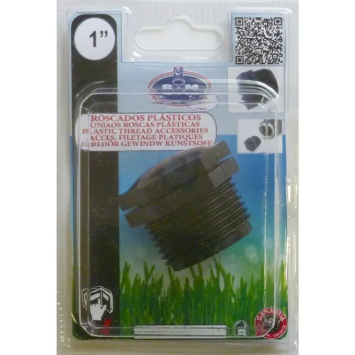 Tapón de sellado Macho - Dimensión conexión: 1″ - Un paquete de accesorios de rosca de plástico de 1" que muestra detalles del producto y del fabricante, ideal para fontanería y jardinería.