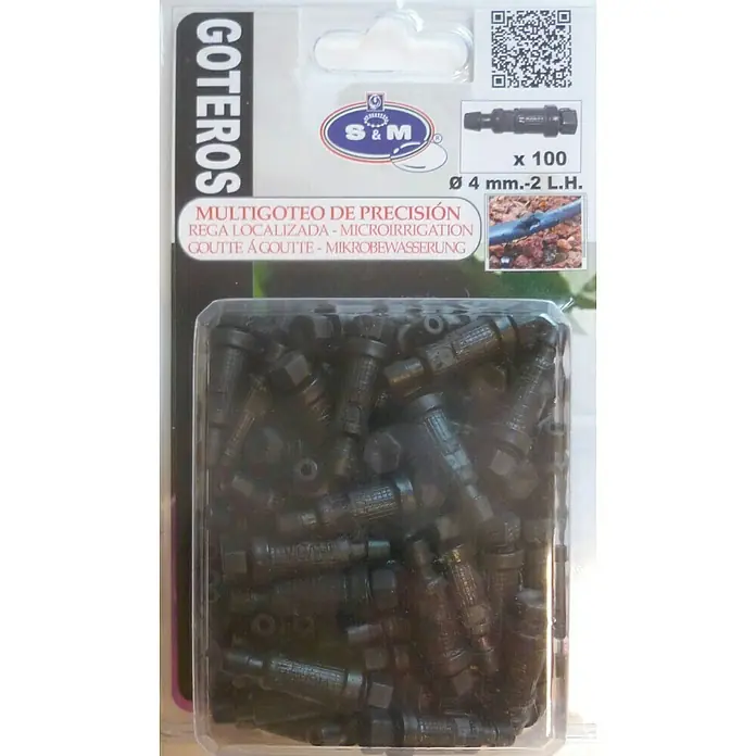 Gotero lineal - 2 l/h, 100 ud. - Riego preciso: 100 goteros negros S&M, diámetro 4 mm, para microirrigación dirigida en el jardín.