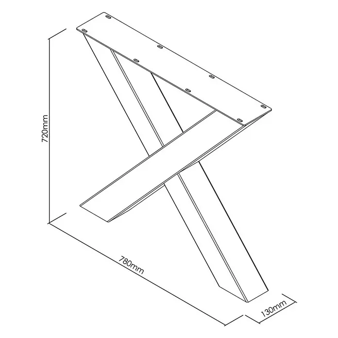 Tischbein CITYLINE Kopenhagen - 780 x 720 mm, Schwarz - Schema einer Tischbein aus Metall mit Maßen. Diese sind: 720 mm (Höhe), 780 mm (Länge) und 130 mm (Breite).