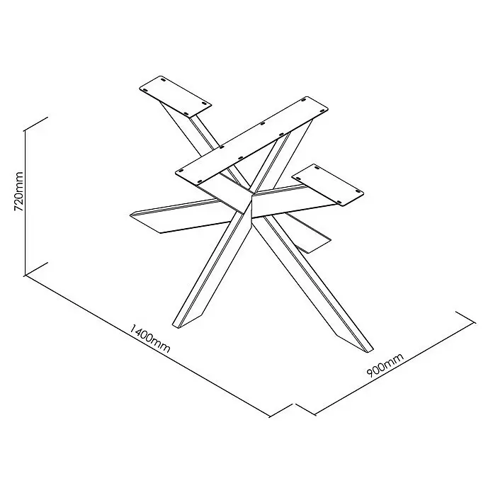 Tischbein CITYLINE Spider - 1.400 x 900 x 720 mm, Schwarz - Technische Zeichnung eines sternförmigen Tischgestells, 720mm hoch, 1400mm lang, 900mm breit.