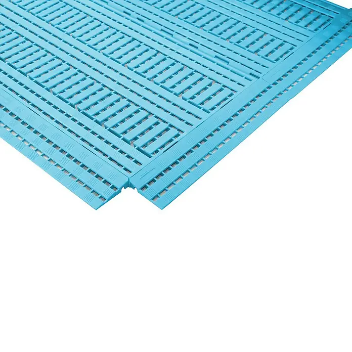 Coba Seitenelement Work Deck - Blau, Passend für: Coba Work Deck 28938848, 60 x 12 cm - Hier ist ein Bild von blauen, ineinandergreifenden Bodenfliesen, die für Komfort und Drainage in Nassbereichen sorgen.