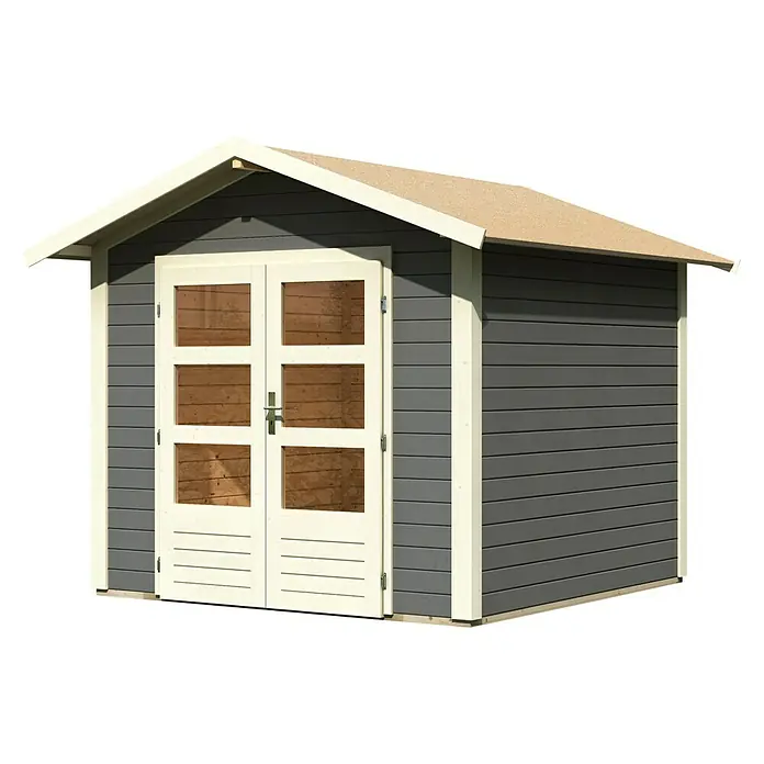 Karibu Gartenhaus Talkau 4 - Außenmaß inkl. Dachüberstand (B x T): 270 x 274 cm, Holz, Grau - Ein graues Gartenhaus mit weißen Türen und einem hellen Dach. Ideal für die Aufbewahrung von Gartengeräten.