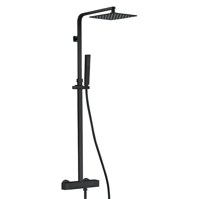 IO Sistema de ducha Quadra Elite - Con grifo termostático, Distancia entre orificios: 15 cm, Negro - Grifería de ducha negra con cabezal cuadrado y rociador de mano, que complementa un diseño de baño moderno.