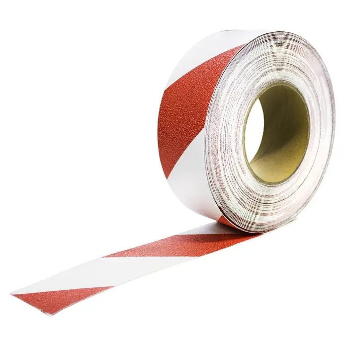 Coba Antirutschband Gripfoot - Rot/Weiß, Breite: 5 cm - Eine Rolle rot-weiß gestreiftes Antirutschband, ideal für Sicherheitsmarkierungen und zur Vermeidung von Rutschgefahren.