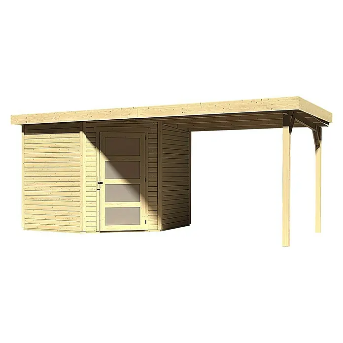 Karibu Gartenhaus Schwandorf 5Außenmaß inkl. Dachüberstand (B x T): 529,5 x 262 cm, Holz, Natur, Mit Anbaudach - Ein helles Holzgebäude mit einem angrenzenden Carport, das durch zwei Pfosten gestützt wird, bietet Schutz für Fahrzeuge oder als Lagerfläche.
