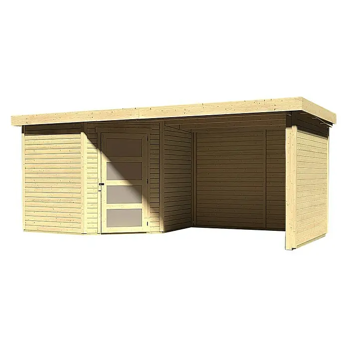 Karibu Gartenhaus Schwandorf 5 - Außenmaß inkl. Dachüberstand (B x T): 529,5 x 262 cm, Holz, Natur, Mit Anbaudach, Seiten- und Rückwand - Holzgartenhaus mit moderner Tür und überdachtem Bereich, ideal für Gartenarbeit und Entspannung im Freien.