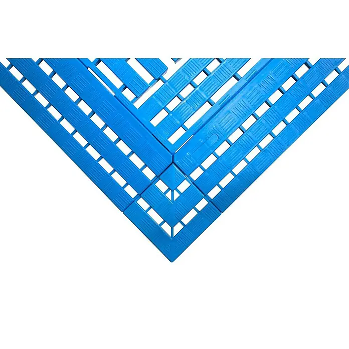Coba Eckelement Work Deck - Blau, 11,2 x 11,2 cm, Passend für: Coba Work Deck Bodenrost 28938848 - Nahaufnahme von modularen blauen Bodenfliesen mit einem Gittermuster, die eine robuste und wasserdurchlässige Oberfläche für verschiedene Anwendungen bieten.