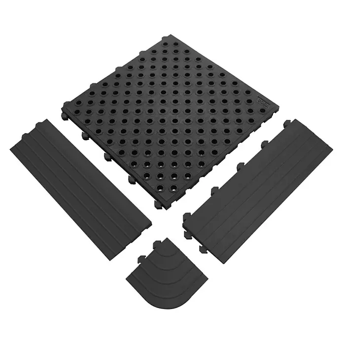 Coba Seitenelement Fatigue Lock Premium M - Schwarz, Passend für: Fatigue Lock Premium 28977434 / 28977160 / 28977188 - Schwarze modulare Bodenfliese mit Rampen und Eckstücken. Rutschfeste Oberfläche mit Löchern für Drainage. Ideal für Nassbereiche.