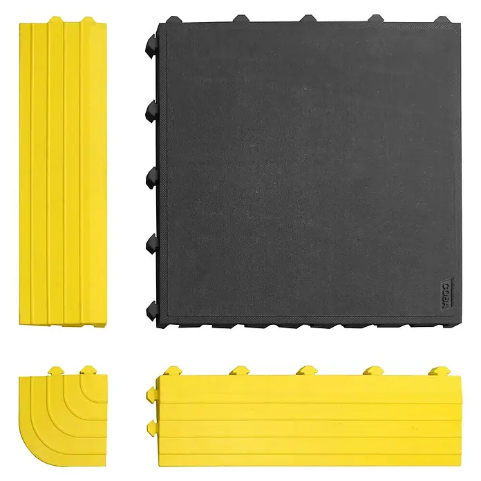 Coba Anti-Ermüdungsmatte Fatigue Lock Premium - Geschlossene Oberfläche, 50 x 50 cm - Schwarze Bodenfliese mit gelben Rampen und Ecken für einen sicheren und optisch ansprechenden Bodenbelag.