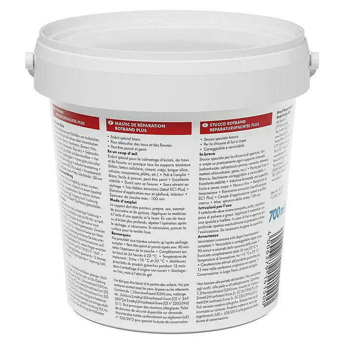 Knauf Rotband Reparaturspachtel Plus - 700 ml, Weiß - White bucket of Rotband Reparaturspachtel Plus, a repair compound for filling holes and cracks, with instructions and details.