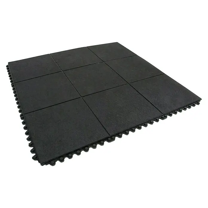 Coba Anti-Ermüdungsmatte Fatigue-Step90 x 90 cm, Einsatzbereich: Industrie - Schwarze ineinandergreifende Bodenfliesen, ideal für Fitnessstudios oder Spielbereiche, bieten eine robuste und sichere Oberfläche.