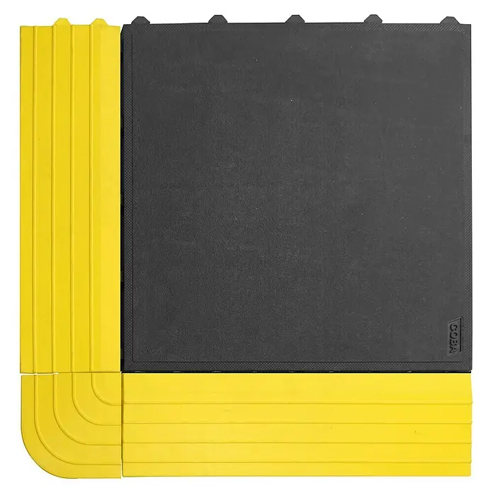 Coba Anti-Ermüdungsmatte Fatigue Lock Premium - Geschlossene Oberfläche, 50 x 50 cm - COBA Bodenfliese mit gelbem Rand für erhöhte Sicherheit. Robuste, modulare Bodenlösung für Industrie und Gewerbe.