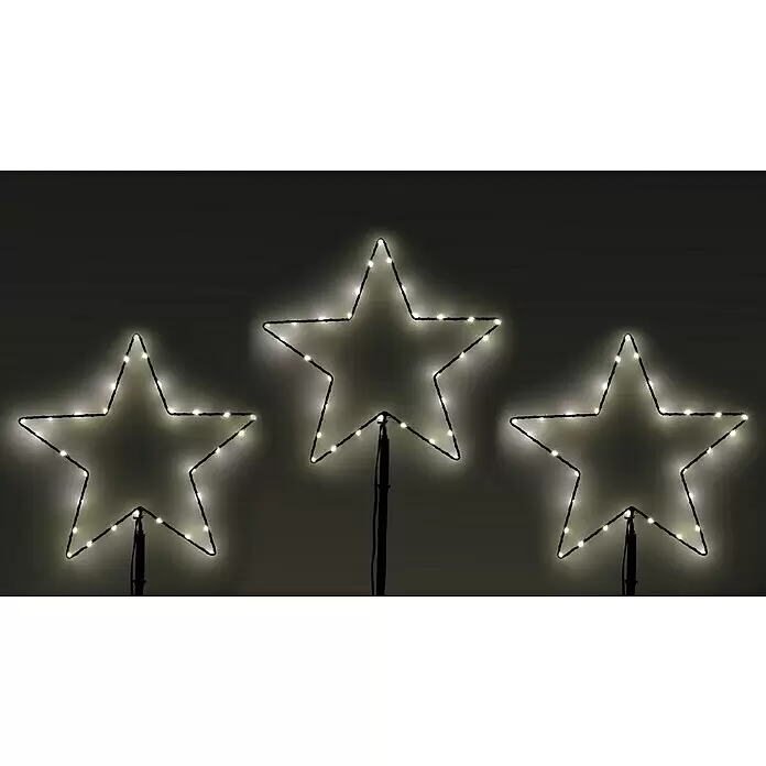 LED-Gartenstecker Sterne 3er-Set - Schwarz, Warmweiß, Außen - Drei sternförmige Leuchtdekorationen mit warmweißen LEDs.