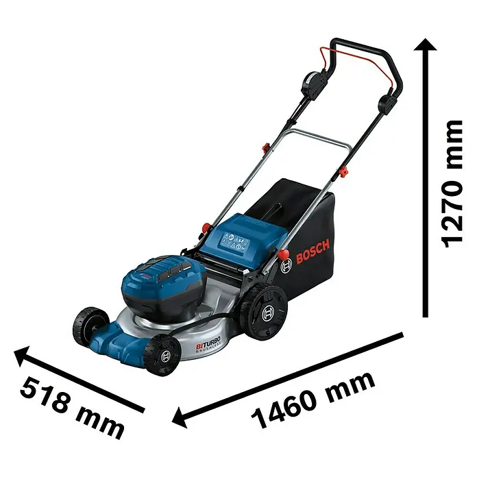 Bosch Professional AMPShare 18V Akku-Rasenmäher GRA 18V2-46 - 18 V, Ohne Akku, Schnittbreite: 46 cm - Produktbild eines Bosch Akku-Rasenmähers mit Angabe der Maße: 1460 mm Länge, 518 mm Breite und 1270 mm Höhe.