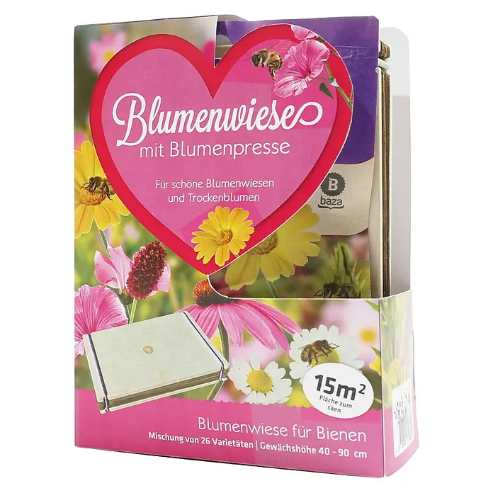 Baza Wildblumensamen mit Blumenpresse - 15 m², Bienen - Blumenwiese für Bienen mit Blumenpresse, eine Mischung aus 26 Varietäten für eine Fläche von 15m² und einer Gewächshöhe von 40-90 cm.