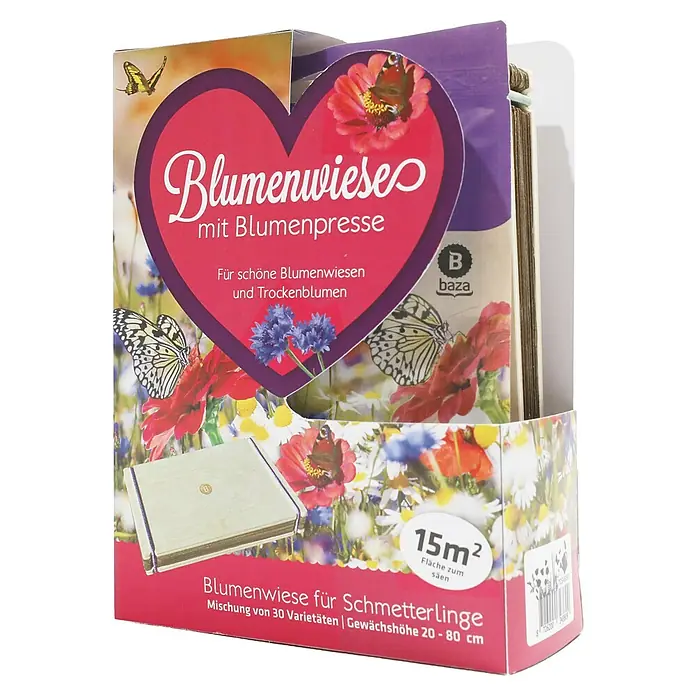 Baza Wildblumensamen mit Blumenpresse - 15 m², Schmetterlinge - Blumenwiese für Schmetterlinge mit einer Blumenpresse, ideal zum Trocknen von Blumen und zur Ansaat auf einer Fläche von 15 m².