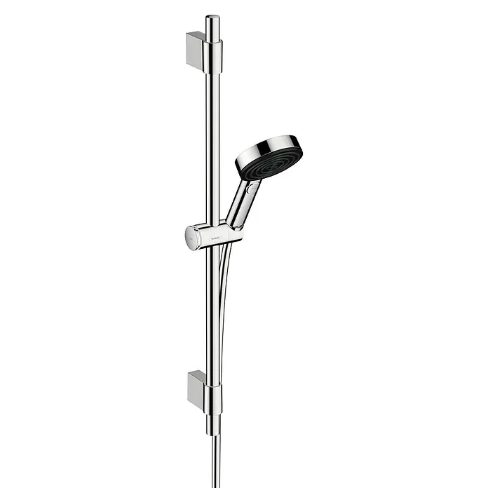 Hansgrohe Pulsify S Brausegarnitur Pulsify Blend - Anzahl Strahlarten: 3 Stk., Chrom - Eine Duschstange mit Handbrause in Chromoptik vor einem schwarzen Hintergrund, ideal für moderne Badezimmer.