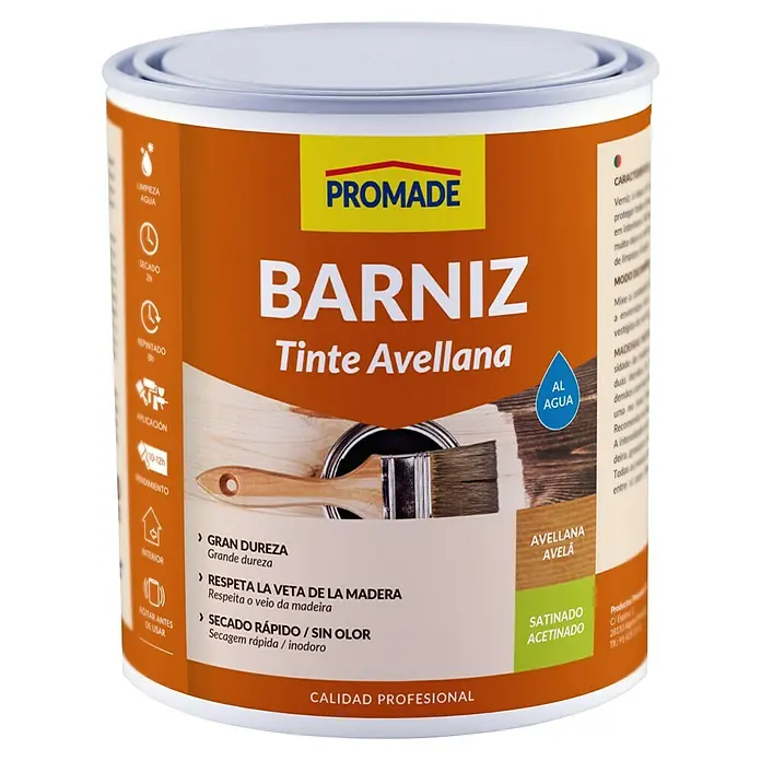 Promade Barniz para madera Tinte al Agua - Avellana, 750 ml, Satinado - Bote de lasur para madera "Barniz Tinte Avellana" de Promade, ideal para interior, realza la veta, de secado rápido y sin olor.