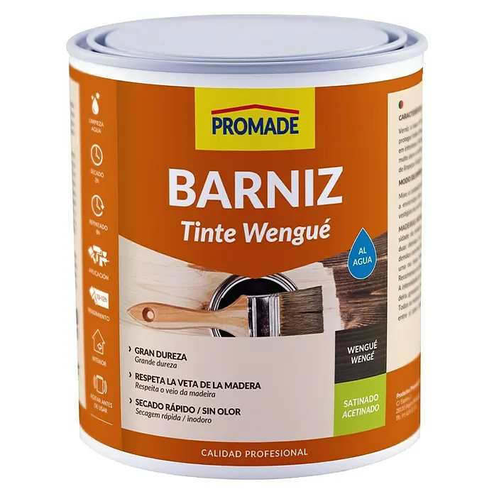 Promade Barniz para madera Tinte al Agua - Wengué, 750 ml, Satinado - Bote de lasur para madera "BARNIZ" de Promade en color wengué, para uso profesional y limpieza al agua.