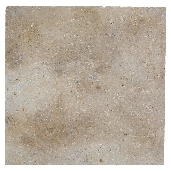 Antikmarmorfliese Travertin Chiaro - 30,5 x 30,5 cm, Beige, Matt - Nahaufnahme einer quadratischen, beigefarbenen Travertinfliese mit natürlichen Farbvariationen und einer leicht porösen Textur.