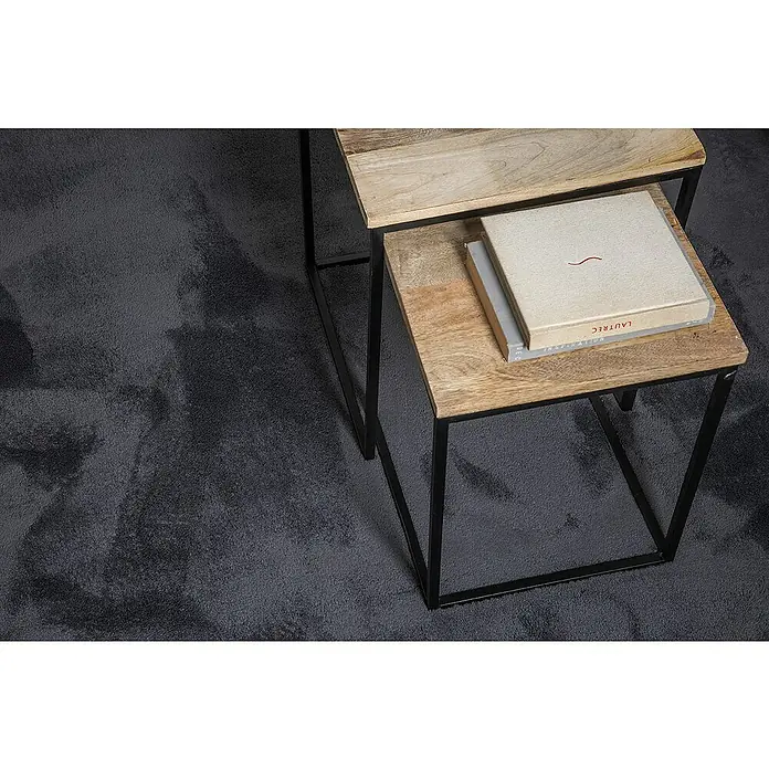 Alfombra de pelo corto Toscana - Gris, 300 x 200 cm, 100% Poliéster - Esta foto muestra dos mesas auxiliares de madera con estructura de metal negro, rematadas con libros, sobre una alfombra oscura.