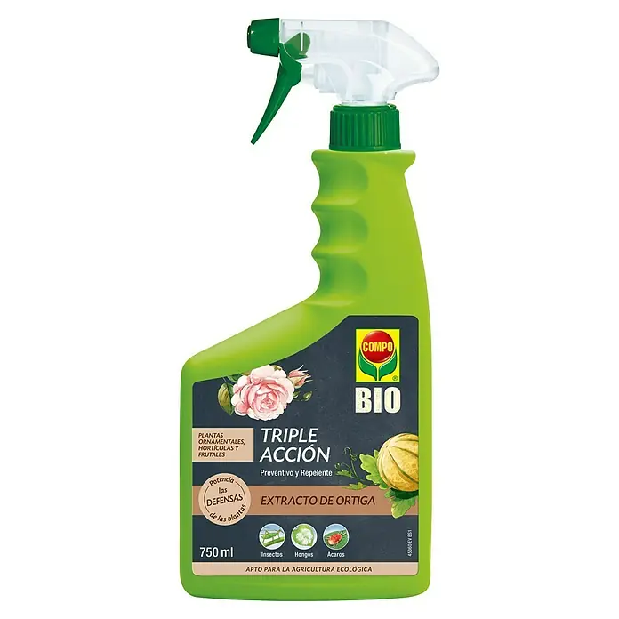 Compo Bio Antiorugas biológico triple acción - 750 ml - Imagen de una botella de spray COMPO Bio Triple Acción con extracto natural para fortalecer las defensas de las plantas contra plagas.