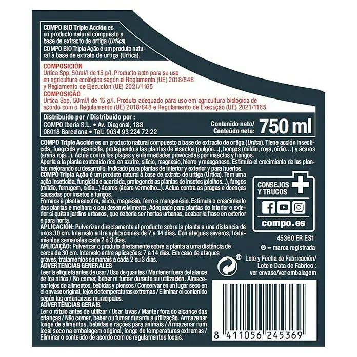 Compo Bio Antiorugas biológico triple acción - 750 ml - COMPO BIO Triple Acción: Producto natural para el control de plagas con extracto de ortiga, 750ml.